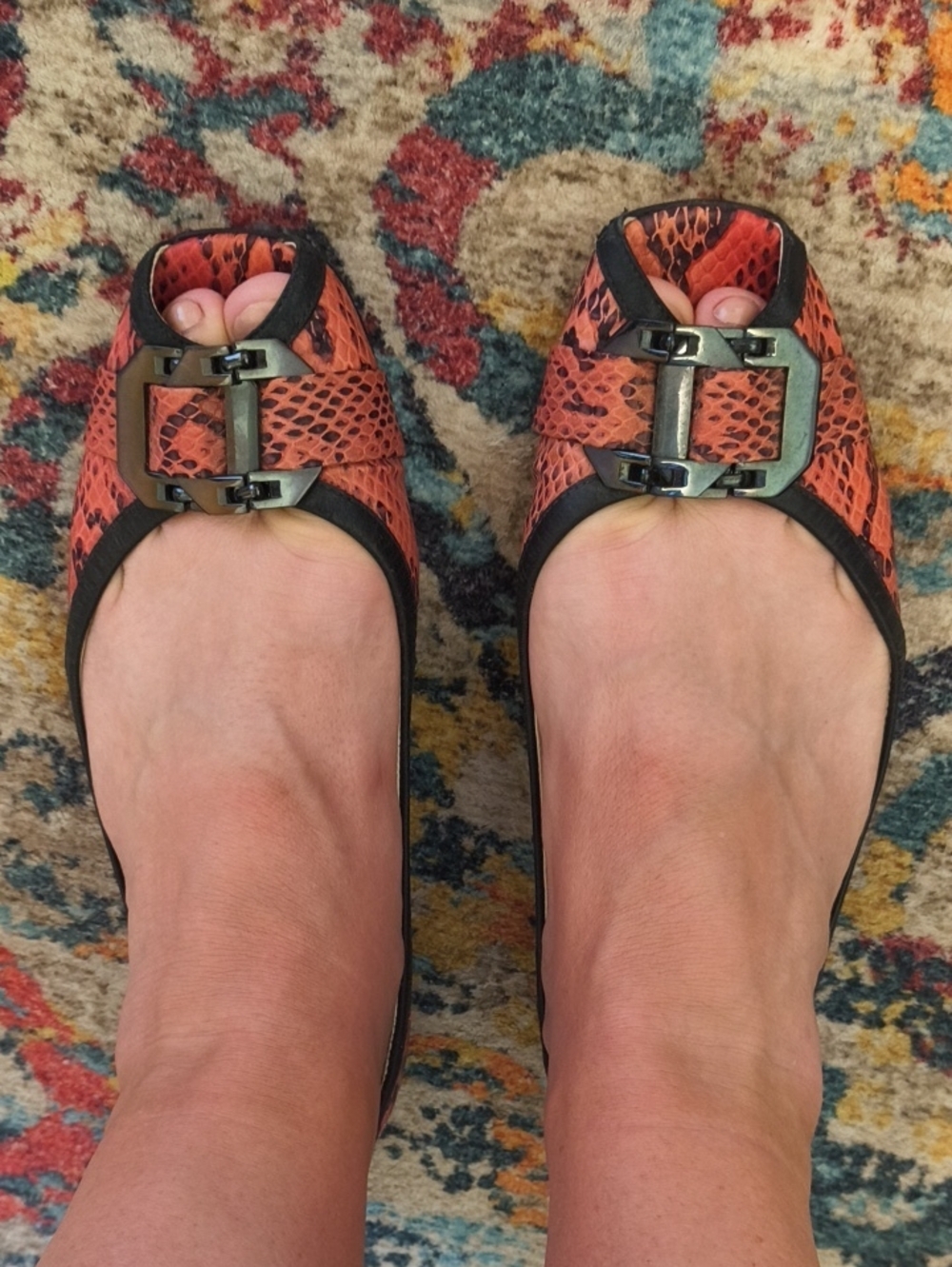 Via Spiga Red Snake-Print Peep-Toe Flats with Buckle 7M